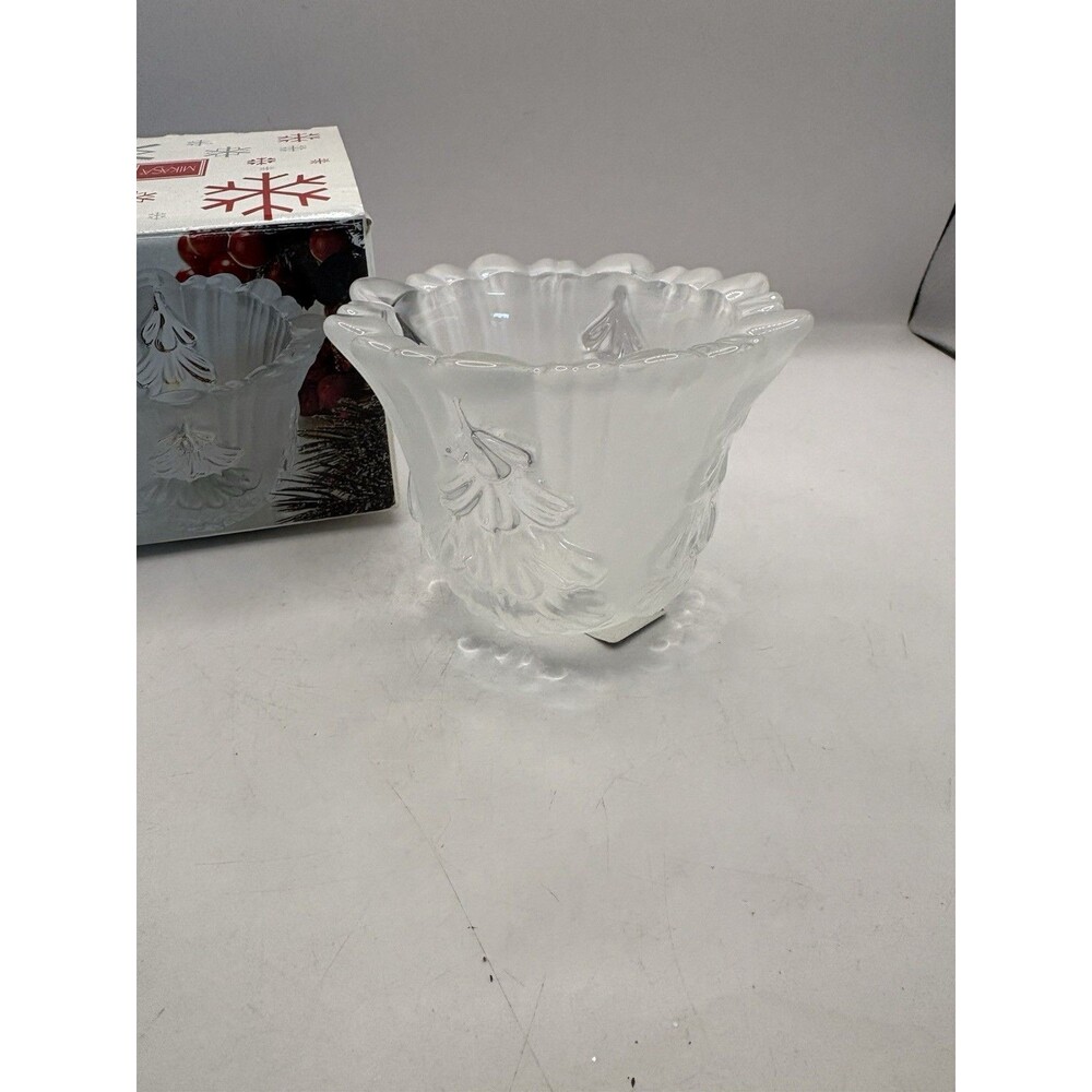 Mikasa ~Winter Dreams~ Holiday Candle Holder Frosted Crystal Glass 3”